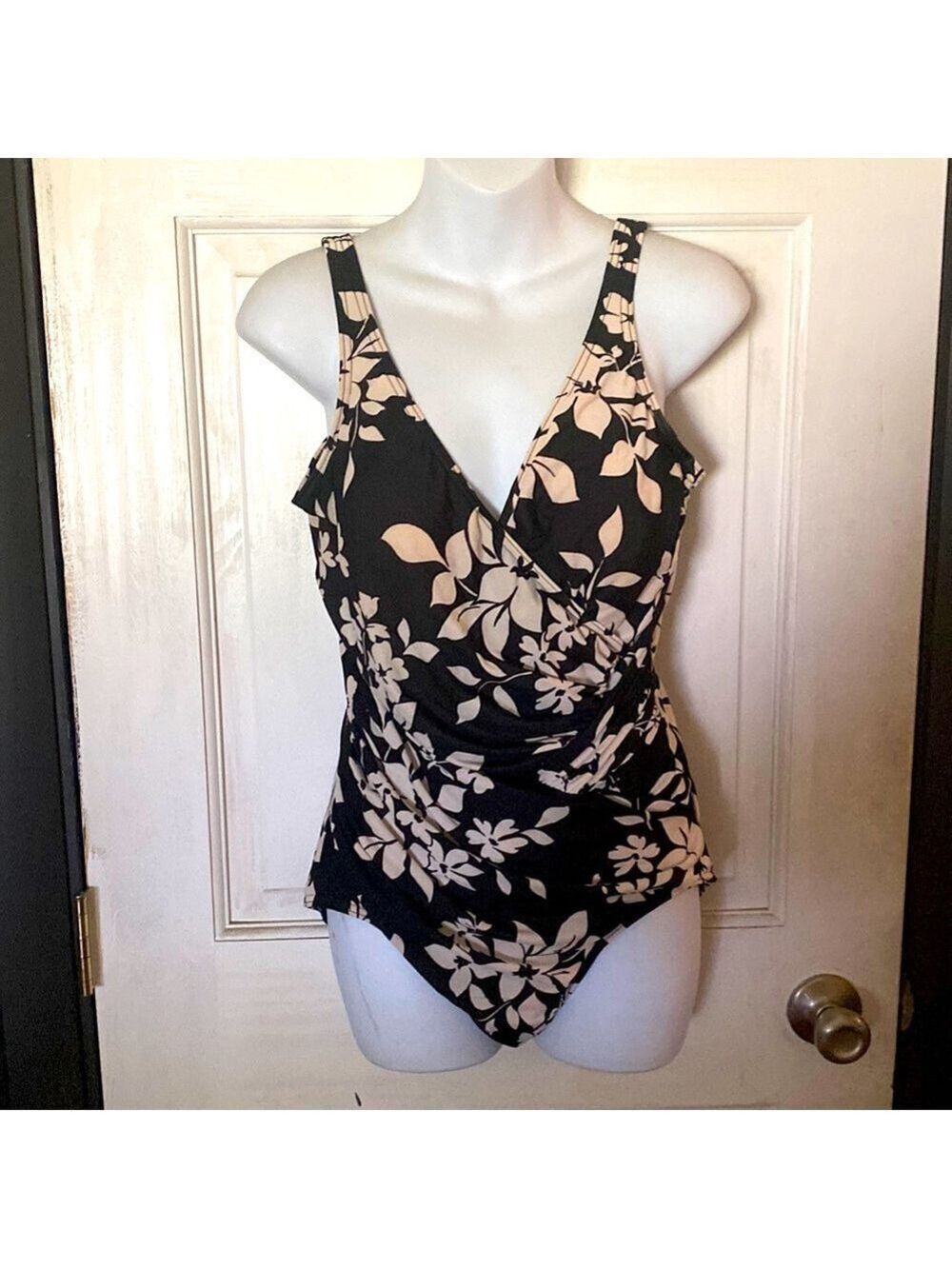 #0039 - Miraclesuit Black and Cream Floral One-Piece Swimsuit